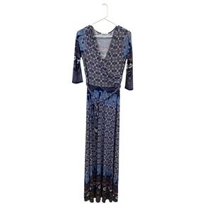 Tua Tua Women's Blue Paisley Print Maxi Dress Belted V Neck 3/4 Sleeve Size M
